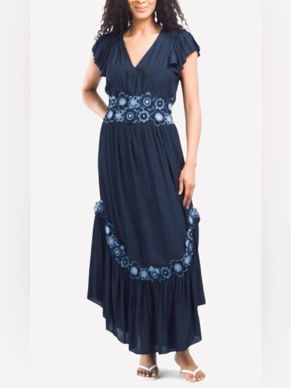 Ramy Brook Navy Maxi Dress with Light-Blue Floral Embroidery